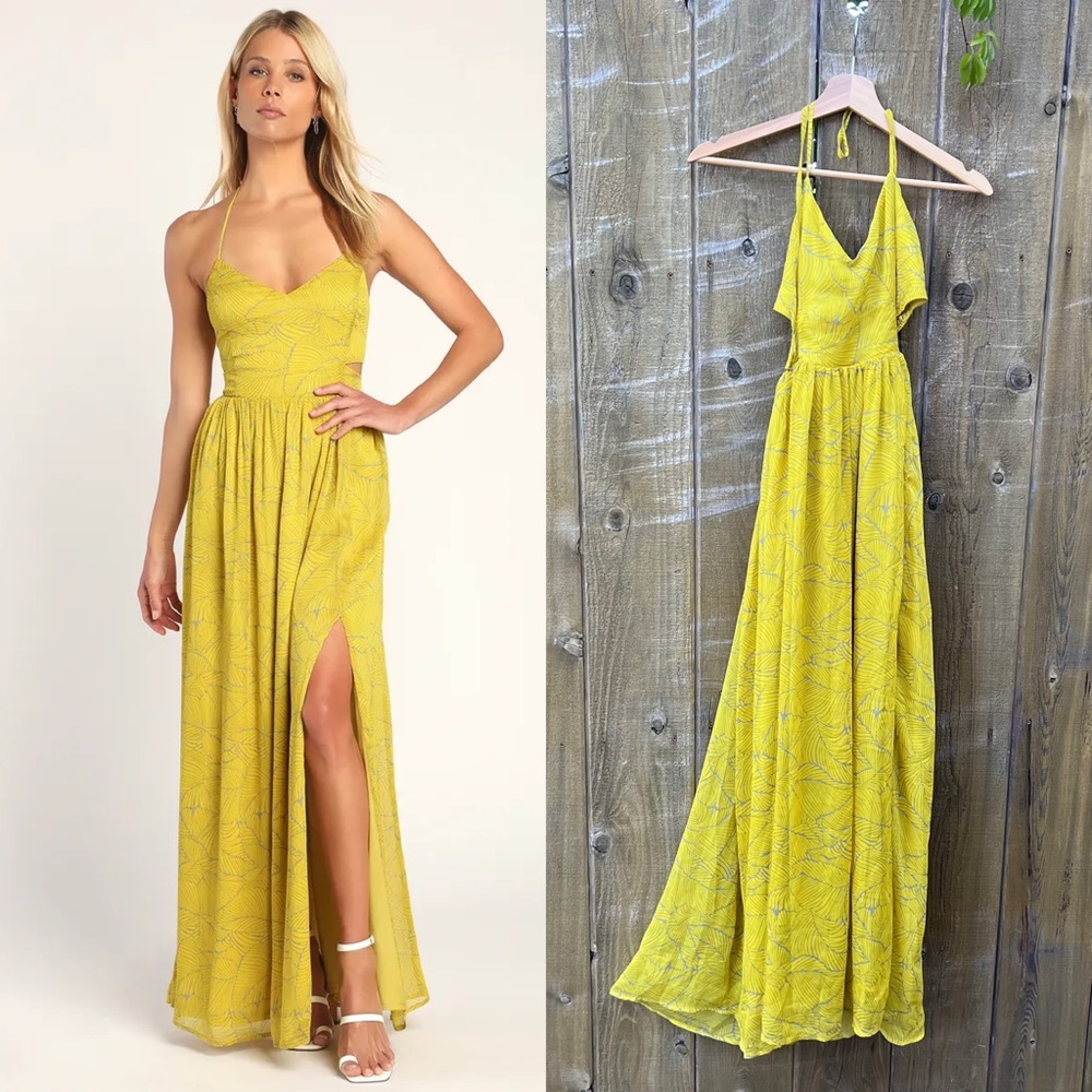 Yellow and Gray Tropical Halter Cutout Chiffon Maxi Dress 🌿